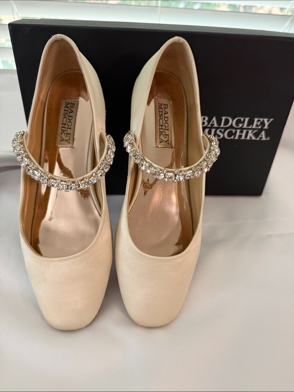 Badgley Mischka Ivory Satin Jeweled Mary Jane Flats